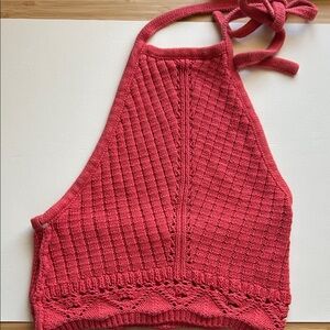 Sky and Sparrow Coral Red Knit Halter Crop Top